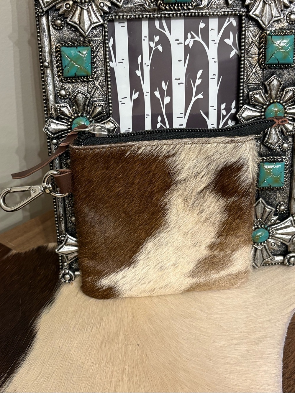 Cowhide Zip Pouch Wallet - Brown & White
